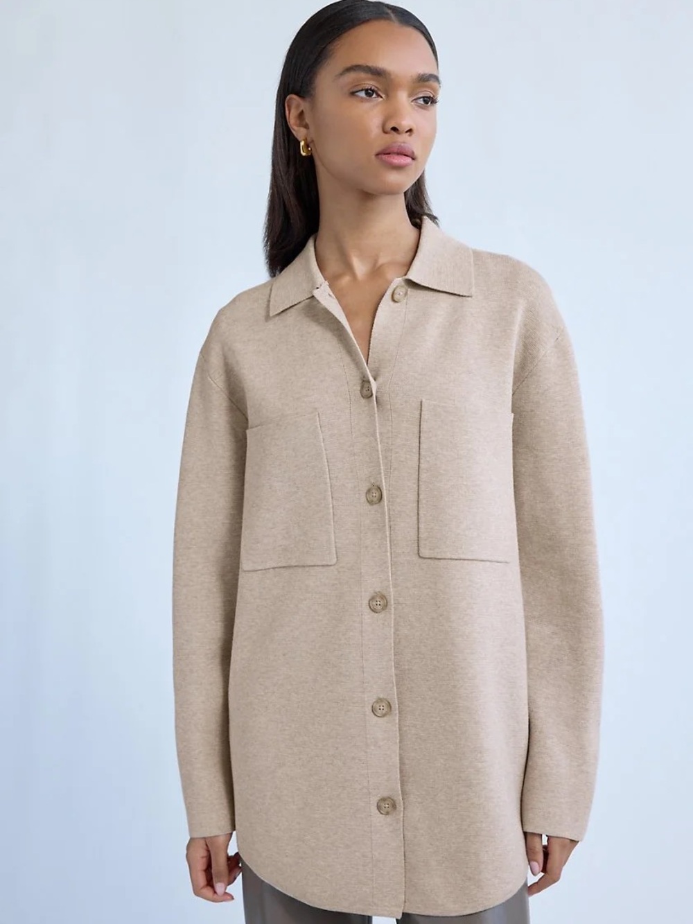 Babaton Beige Button-Front Knit Sweater Shirt